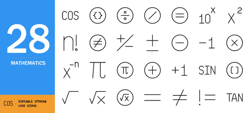 Set of 28 Mathematical Symbols and Equation Line Icons