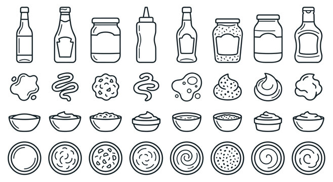 Line art icons of various condiment and sauce bottles. Includes ketchup, mustard, mayo, jam jars, and squeeze bottles. Ideal for food, recipes, and restaurant themes.