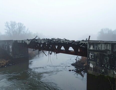 Damaged bridge over a river on a foggy day