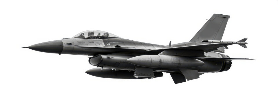 Detailed side profile of an f-16 fighting falcon military jet isolated on a white background