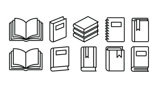 Set of black line art book icons showing various forms including an open textbook, a stack, a spiral notebook, and a volume with a bookmark in a clean, minimalist style