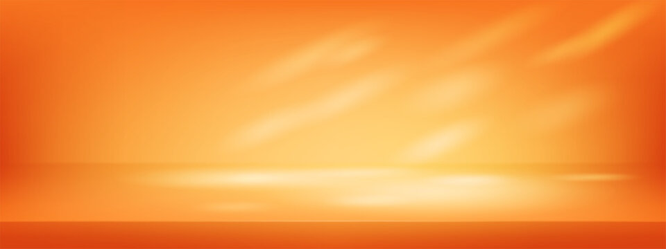 Orange limbo ground for yellow studio room background. Abstract bright back autumn kitchen bg with gradient pattern. Empty counter display stand with window light in warm interior scene backdrop