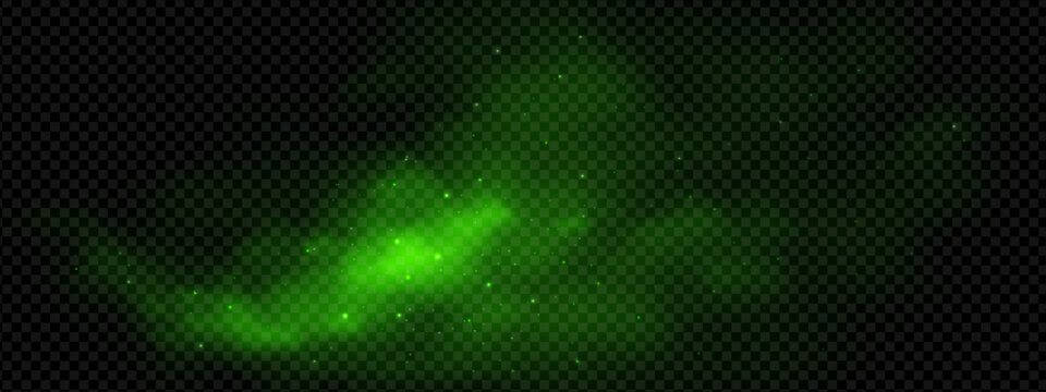 Smell green smoke and magic cloud with sparkle effect for Halloween background. Light fog with particle and toxic powder on fake transparent bg. Emerald chemical texture with spooky night smog