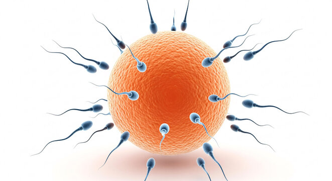 Numerous sperm cells approaching a large human egg cell in the process of fertilization