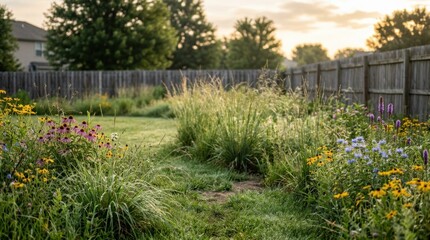 Obraz premium Lush Backyard Garden with Diverse Wildflowers and Greenery.