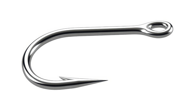 A single sharp metal fishing hook with a silver finish isolated on a plain white background