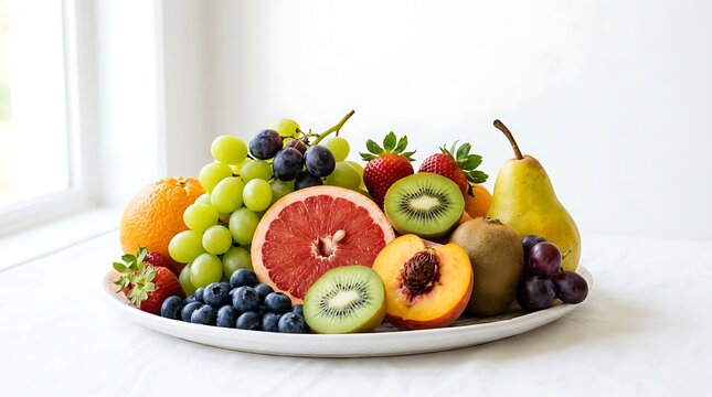 Fresh fruit platter with grapes oranges strawberries kiwi peach pear blueberries and grapefruit on white plate and table indoors  healthy eating and nutrition concept