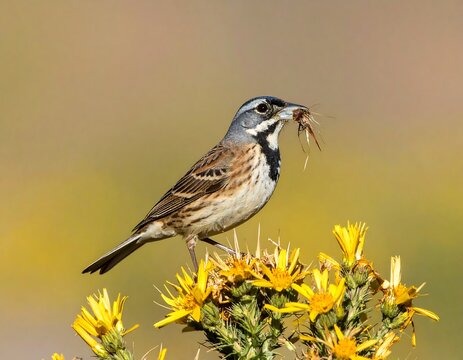 Bird eats bug on flower.