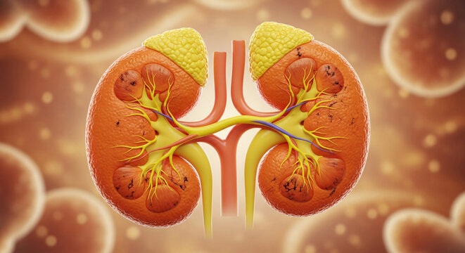 Pair of human kidneys with adrenal glands and internal vascular structures on a cellular background