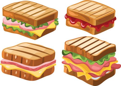 Delicious grilled sandwich collection for cafe menu, set of toasted panini with ham cheese lettuce and jam for breakfast and lunch food concepts flat vector illustration