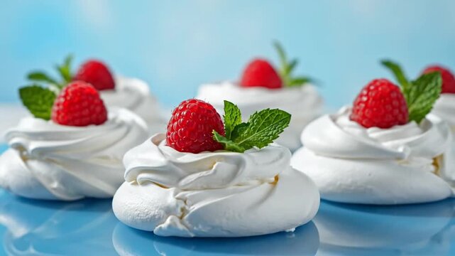 Pavlova dessert with raspberry and mint.