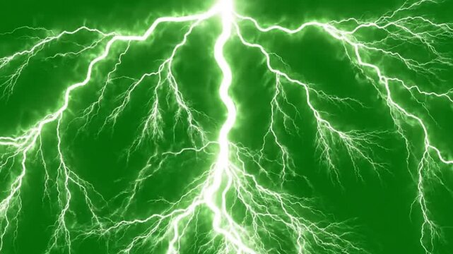 A powerful blue electric bolt of lightning flashes through the dark night sky during a stormy nature thunderstorm with motion waves of energy and light