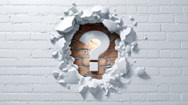 Broken brick wall reveals a large question mark