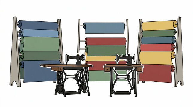 Tailoring studio with vintage sewing machines and fabric rolls