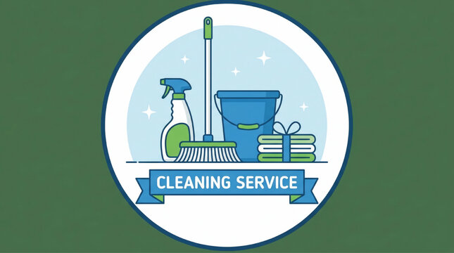 Professional cleaning service emblem with broom and bucket