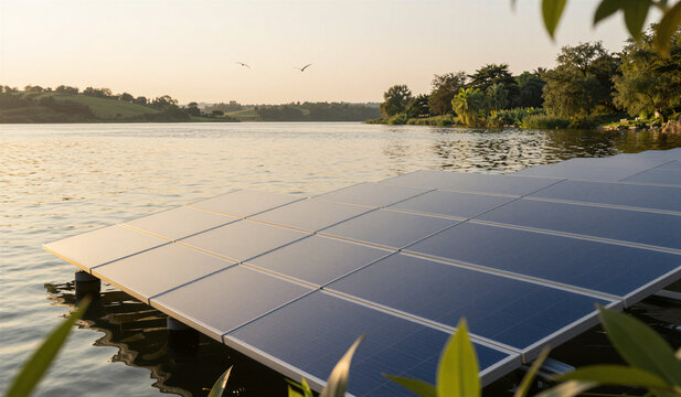 Solar panels floating on lake at sunrise near shore