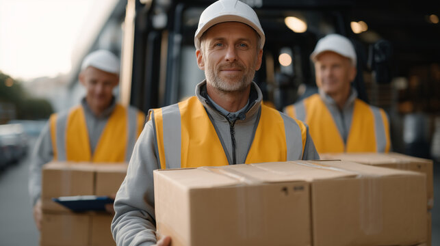 Disaster response volunteer team carrying emergency supply crates from delivery truck to warehouse sorting area, logistics coordinator with clipboard directing flow, stockpiling food and water after