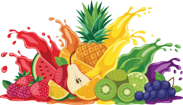 Vibrant fruit splash illustration with pineapple berries and kiwi