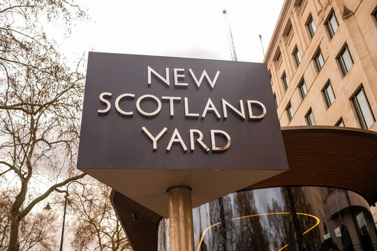 LONDON - New Scotland Yard sign Victoria Embankment Metropolitan Police HQ London