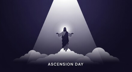Ascension Day religious illustration, Jesus Christ rising to heaven in divine light, spiritual Christian holiday banner with clouds and rays