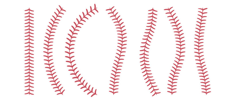Softball laces set. Baseball ball stripes. Straight and curvy softball stitches. Vector illustration