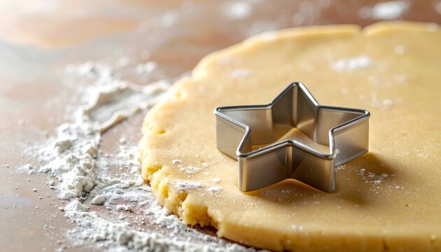 Star cookie cutter resting on raw cookie dough