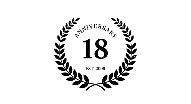 Anniversary Laurel Wreath with Number 18 and "EST. 2006" on Isolated White Background, Classic Celebration Emblem
