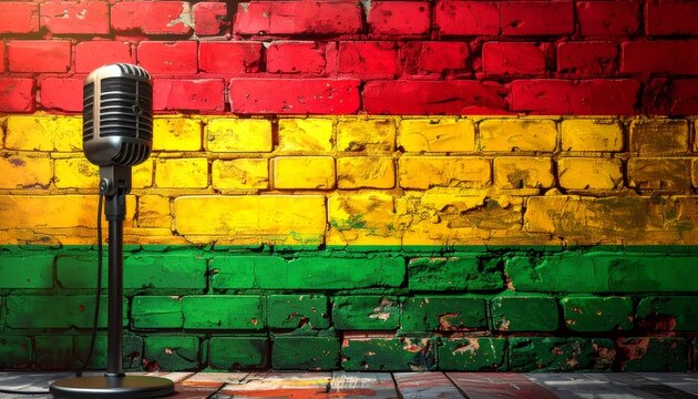 Vintage microphone showing reggae music on Rasta brick wall