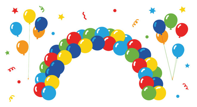Festive Colorful Balloon Arch with Confetti and Stars on an Isolated White Background