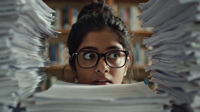 Overwhelmed Student with Papers.
