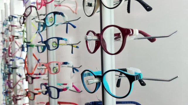 Close-up of numerous vibrant spectacle frames arranged vertically on a metal display stand, showcasing range of stylish eyewear for optical needs and visual impairment.