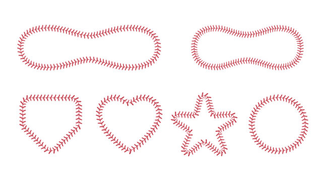 A set of shapes such as heart, star, circle, and rectangle outlined with softball-style stitching.