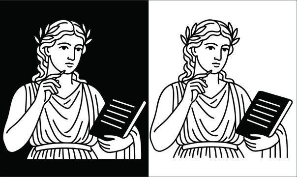 Ancient Greek Muse Calliope with Harp &ndash; Elegant Outline Vector Art