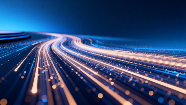 High speed data flow light trails with glowing lines and particle streams on dark background, futuristic digital network and communication technology concept, idea for big data and IT infrastructure