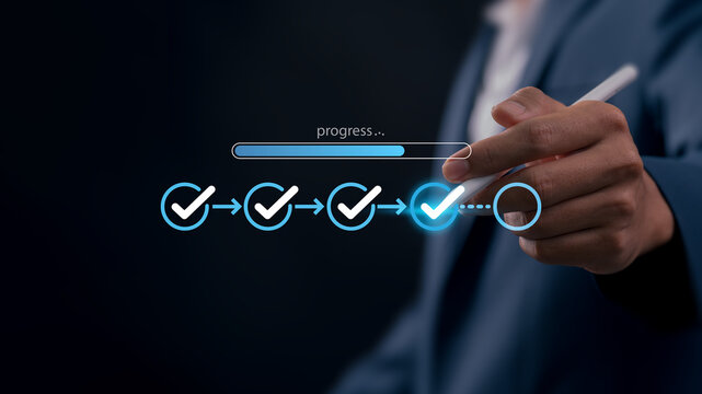 progress tracking workflow checklist with task completion steps and digital interface using stylus on business dashboard for productivity improvement time management and efficient process optimization