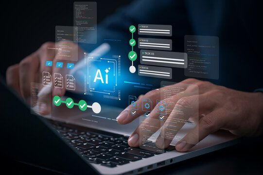 ai automation workflow task management with checklist progress tracking and coding interface on laptop for software development productivity optimization and intelligent business process integration