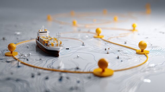 Trade route visualization, cargo ship with curved path and waypoint circles, airy background, 3D illustration