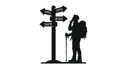 Hiker with signpost and backpack black silhouette © Sogir