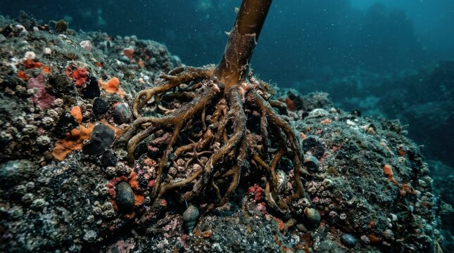 Underwater kelp forest with intricate root system and marine life.