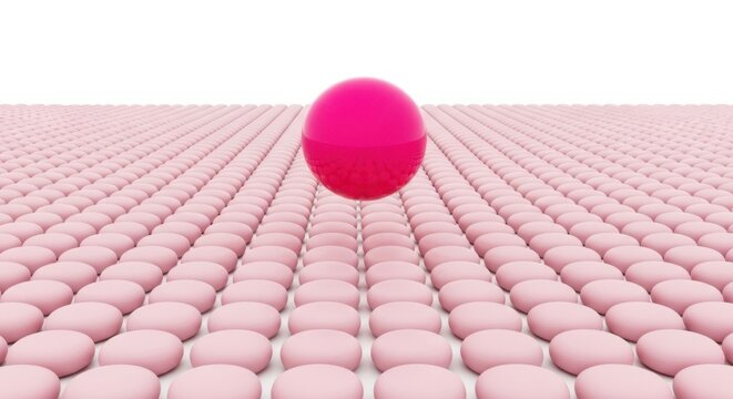 A large pink sphere standing out from many smaller pink spheres on white background