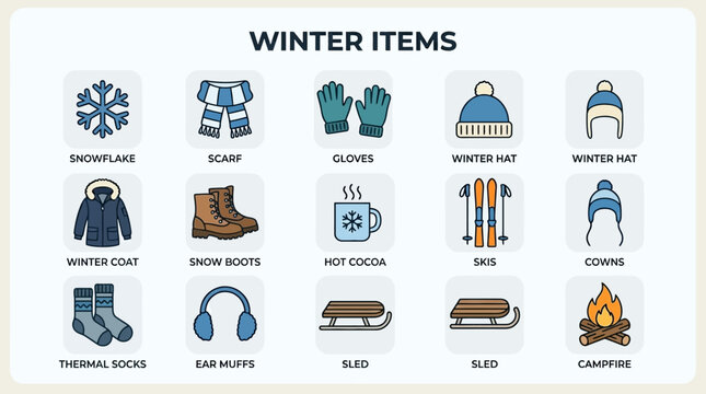 Winter clothing and gear icons.
