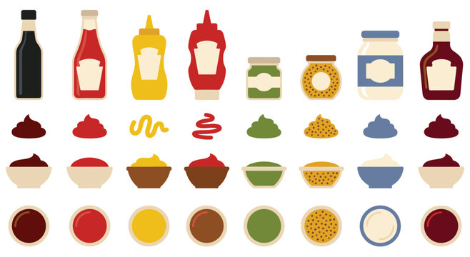 Variety of sauces and condiments in bottles and jars, with dips. Includes ketchup, mustard, mayonnaise, soy sauce, and relishes, perfect for food, dining, and culinary themes.
