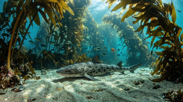 Underwater scene with a leopard shark swimming near kelp forest.