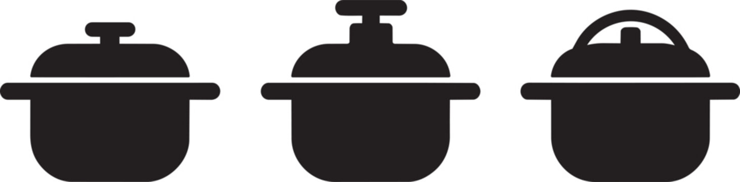 Cooking pots icons set showing different kitchen pans with lids in black vector silhouette style