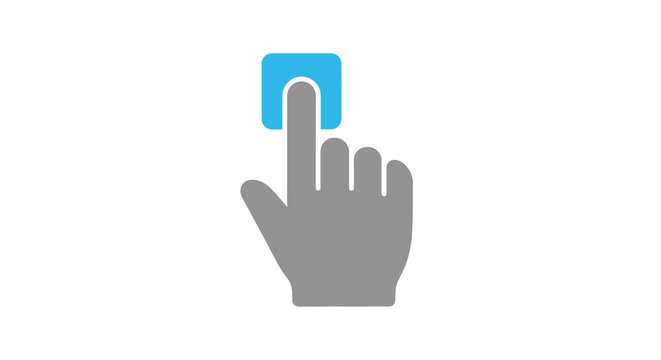 touch screen interaction icon with hand pressing blue button
