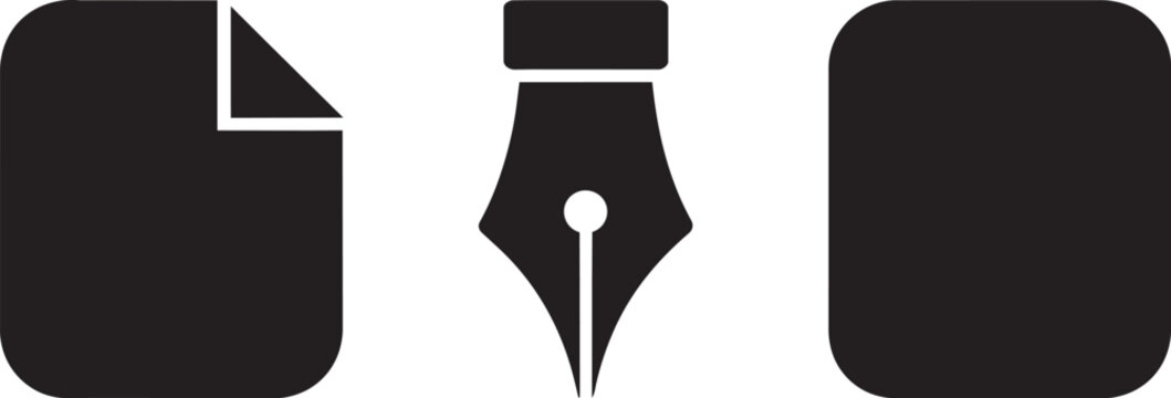 Document fountain pen nib and application frame icons set in black flat vector graphics style