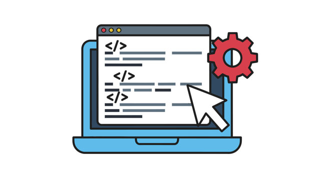 laptop with code editor and settings gear icon