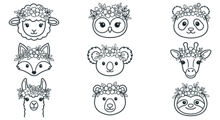 Collection of adorable animal heads wearing detailed flower wreaths including panda koala sheep fox giraffe sloth bear llama owl. Beautiful black and white line art for coloring pages. © SADIKUR