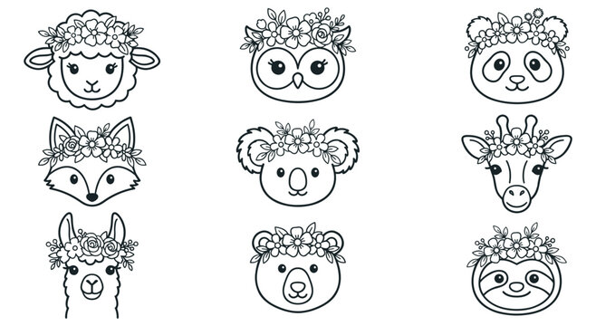 Collection of adorable animal heads wearing detailed flower wreaths including panda koala sheep fox giraffe sloth bear llama owl. Beautiful black and white line art for coloring pages.