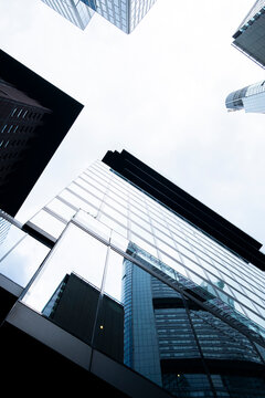Urban modern skyscraper architecture glass facade perspective lines Bankenviertel Frankfurt financial district skyline with strong geometry